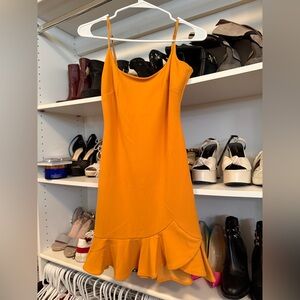 Selfie Leslie Mustard Spaghetti Strap Ruffle-Hem Mini Dress
